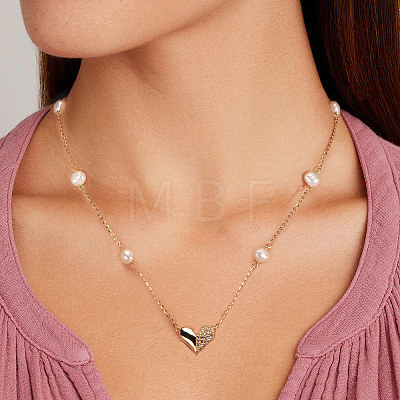 925 Stainless Steel Heart Pendant Necklaces with Cubic Zirconi and Natural Pearl NJEW-Z030-05G-1