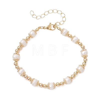 Natural Cultured Freshwater Pearl & Brass Beaded Bracelets for Women BJEW-JB13015-01-1