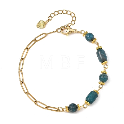 Natural Mixed Stone Round Column Beaded Chain Bracelets with 304 Stainless Steel Paperclip Chains BJEW-JB14298-1