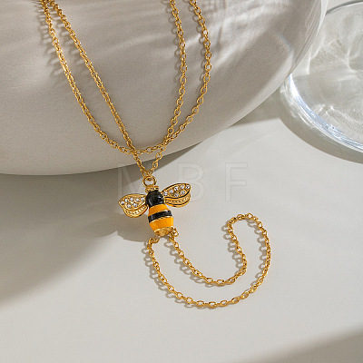 304 Stainless Steel Enamel Yellow Bee Double Layer Hand Chain Ring Bracelets for Women PB5833-1