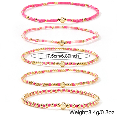 5Pcs 5 Styles Bohemian Style Glass Seed Bead & Brass Beads Stretch Bracelets Set for Women XX3462-6-1