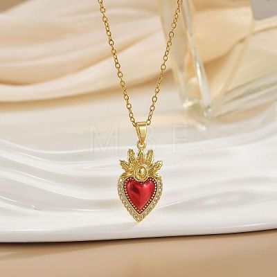 Brass Micro Pave Clear Cubic Zirconia Enamel Sacred Heart Pendant 304 Stainless Steel Cable Chain Necklaces WGB424C-04-1
