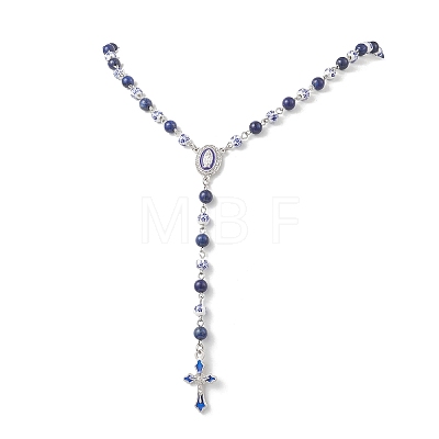 Handmade Blue and White Porcelain and Dyed Natural Lapis Lazuli Round Rosary Bead Necklaces NJEW-JN05750-1