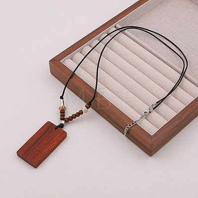 Wood Rectangle Pendant Black Waxed Cord Necklaces for Women WG2AEC3-01-1