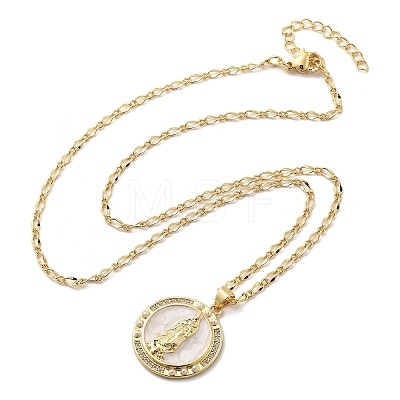 Flat Round with Virgin Mary Brass Micro Pave Cubic Zirconia Pendant Necklaces NJEW-S385-03A-G-1