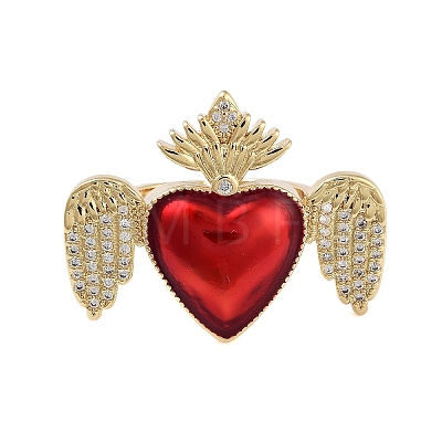 Rack Plating Heart with Wing Brass Micro Pave Cubic Zirconia Open Cuff Rings for Women RJEW-B064-02G-01-1