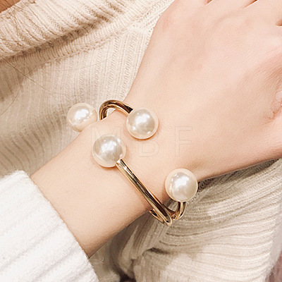 Alloy Wire Wrap with Plastic Pearl Cuff Bangle BJEW-K223-08KCG-1