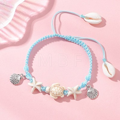Adjustable Synthetic Turquoise & Natural Mixed Cowrie Shell & Alloy Charm Bracelets for Women BJEW-JB13548-1