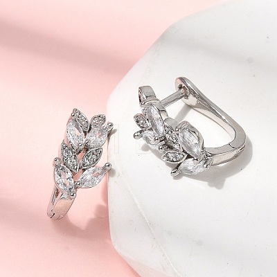 Leaf Brass Micro Pave Clear Cubic Zirconia Hoop Earrings EJEW-H180-29P-1
