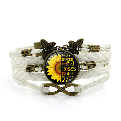 You Are My Sunshine Theme Flat Round with Sunflower Leather Cord Multi Strand Bracelets WGB8E71-06-1