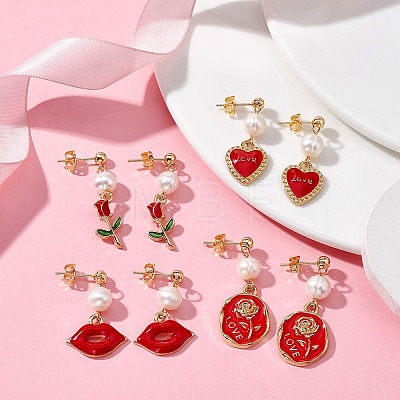 Valentine's Day Alloy Enamel Dangle Stud Earrings with Brass Pins EJEW-JE05374-1
