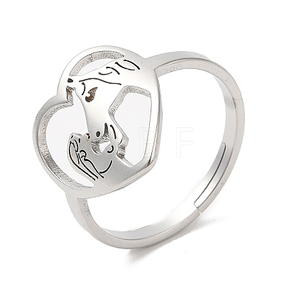 304 Stainless Steel Heart with Horse Adjustable Ring for Women RJEW-M149-20P-1