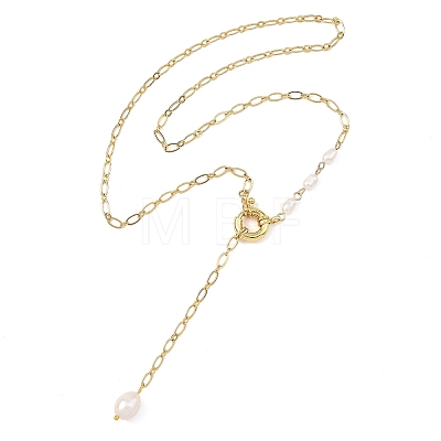 Adjustable 304 Stainless Steel Figaro Chain Natural Pearl Rice Y Tassel Lariat Necklaces for Women NJEW-JN06146-1