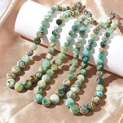 Natural Green Line Jasper  Graduated Round Beaded Necklaces NJEW-F368-01P-1