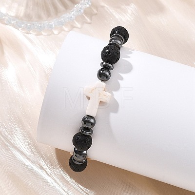 2Pcs 2 Styles Natural Lava Rock & Synthetic Turquoise & Non-magnetic Hematite Cross & Round Beaded Stretch Bracelets for Women Men BJEW-JB13929-1