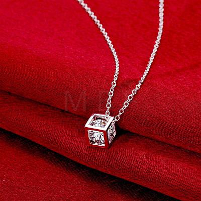 Silver Color Plated Brass Cubic Zirconia Cube Pendant Necklace NJEW-BB00455-1