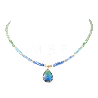 2Pcs 2 Styles Blue K9 Glass Teardrop Heart Pendant Electroplated Glass Faceted Rondelle Beaded Necklaces NJEW-JN05751-1