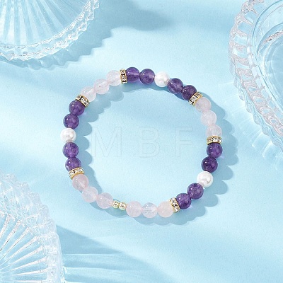 Natural Amethyst & Rose Quartz & Shell Pearl Round Beads Stretch Bracelets for Women BJEW-JB12229-02-1