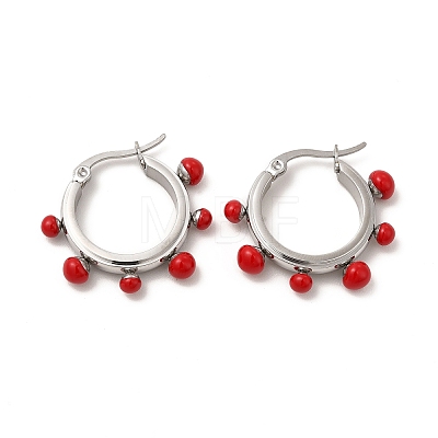 Red Enamel Round Beaded Hoop Earrings EJEW-P219-14P-1