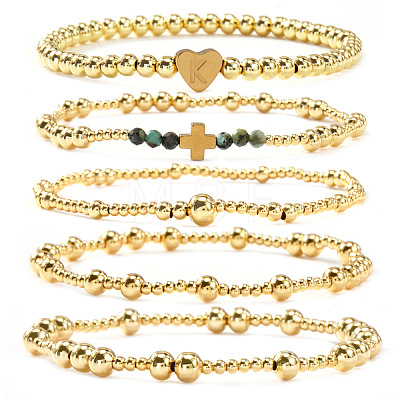 5Pcs Brass & Natural African Turquoise(Jasper) Beads Stretch Bracelets for Women BK1359-6-1
