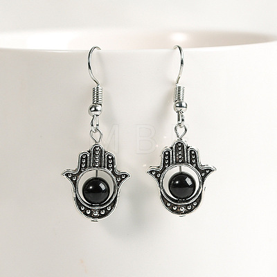 Natural Crystal Stone Hamsa Hand & Round Dangle Earrings UB8598-3-1