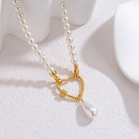 Faux Pearl Teardrop & 304 Stainle Steel Pendant Beaded Necklaces for Women WGF56ED-05-1