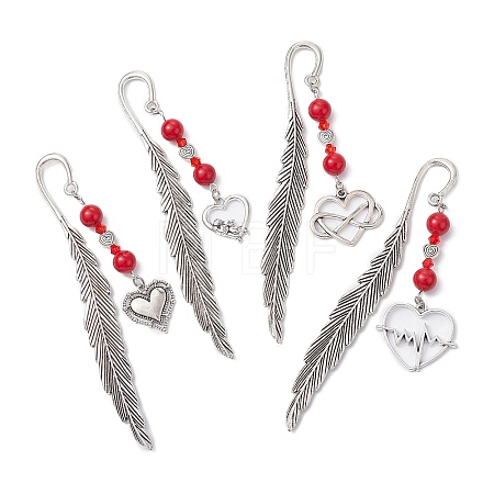 Valentine's Day Alloy Heart Pendant Bookmarks AJEW-JK00270-1