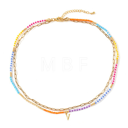 Colorful Glass Seed Beaded Initial Pendant Double Layer Necklaces QS3881-22-1