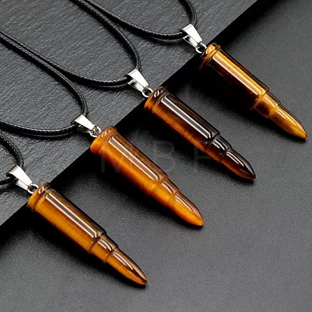 Natural Tiger Eye Bullet Shaped Pendant Black PU Leather Vintage Punk Style Hip Hop Necklaces for Men QC5862-1