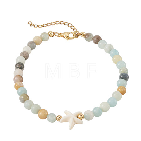 Ocean Dyed Synthetic Turquoise Starfish and Natural Flower Amazonite Round Beaded Anklets for Women AJEW-TA00061-1