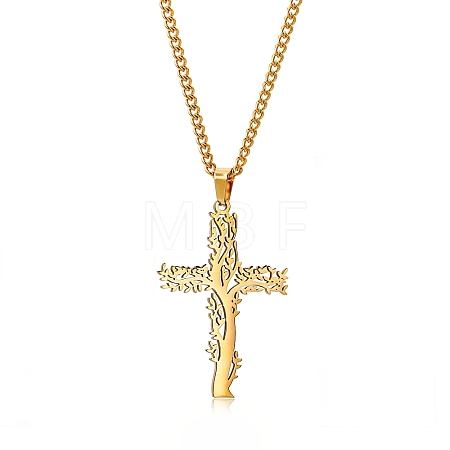 Stainless Steel Tree of Life Cross Pendant Curb Chain Necklaces PW-WGAB092-03-1