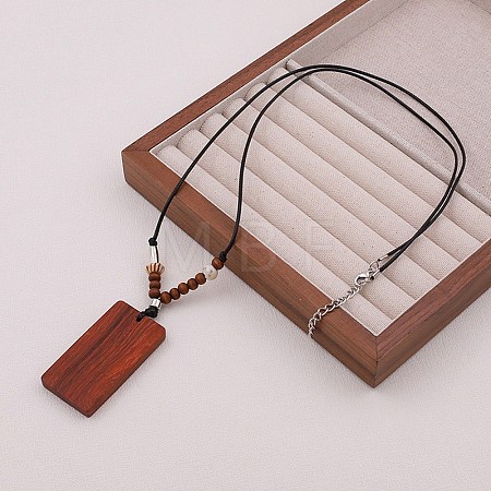 Wood Rectangle Pendant Black Waxed Cord Necklaces for Women WG2AEC3-01-1