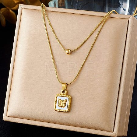 304 Stainless Steel with Natural White Shell Square Disc Pendant Double Layer Necklaces NJEW-K300-06A-G-1