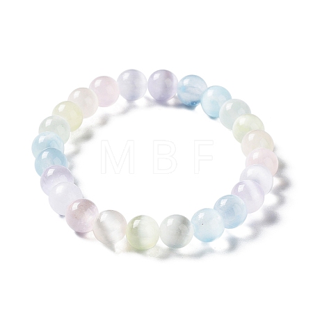 Macaron Color Dyed Natural Selenite Round Beaded Stretch Bracelet BJEW-D024-01A-1