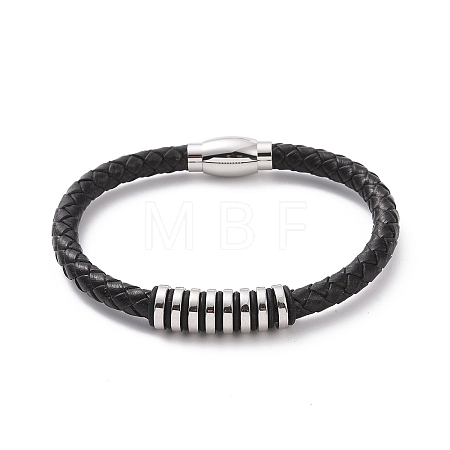 Black Leather Braided Cord Bracelet with 304 Stainless Steel Magnetic Clasps BJEW-P275-02P-1