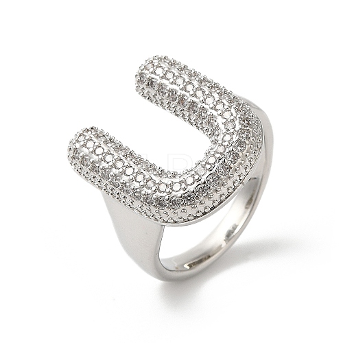 Letter Brass Micro Pave Clear Cubic Zirconia Open Cuff Ring for Women RJEW-N046-03U-P-1