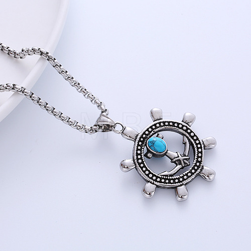 Stylish Stainless Steel Synthetic Turquoise Ship Wheel Pendant Punk Necklaces for Men's Fashion SI8136-2-1