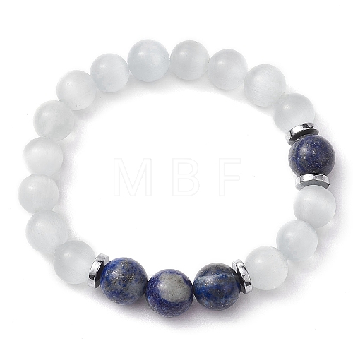 10mm Round Natural Lapis Lazuli & Cat Eye Stretch Beaded Bracelets for Women BJEW-JB10368-1