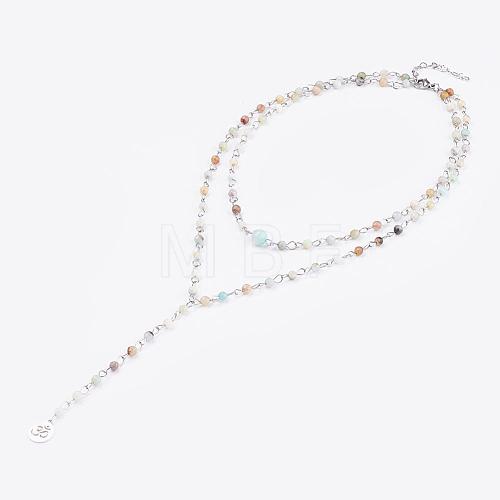 Natural Flower Amazonite Lariat Necklaces NJEW-JN01961-02-1