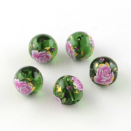 Rose Flower Pattern Printed Round Glass Beads GFB-R004-12mm-Q01-1