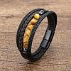Natural Tiger Eye Round Beads & Braided Imitation Leather Cord Bracelets for Men FS-WGCE7B3-04-1