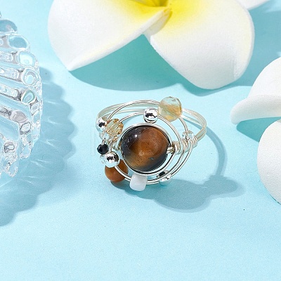 Planet Natural Amethyst & Tiger Eye & Citrine & Apatite & Green Aventurine Finger Rings RJEW-TA00165-1