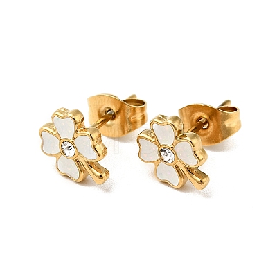Enamel Clover with Crystal Rhinestone Stud Earrings with 316 Surgical Stainless Steel Pins EJEW-A081-12G-03-1