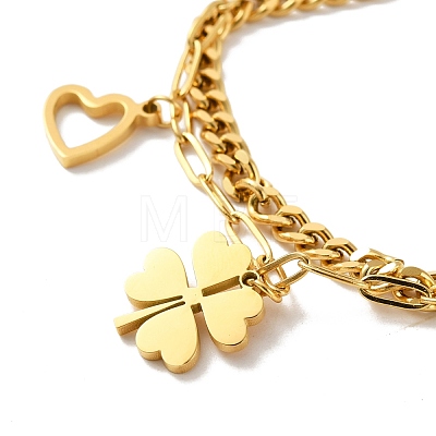 Ion Plating(IP) 304 Stainless Steel Chain Multi-strand Bracelet with Heart and Clover BJEW-P272-03G-1