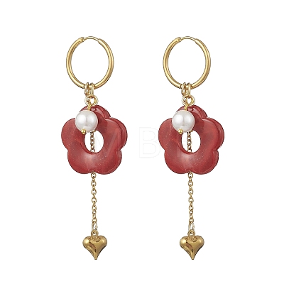 304 Stainless Steel Flower with Heart Tassel Hoop Earrings EJEW-JE06730-1