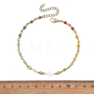 Baras Pave Clar Cubic Zirconia Flat Round & Cross Natural White Shell & Faceted Rondelle Glass Bead Chain Anklets for Women AJEW-AN00824-1