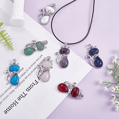 12Pcs 12 Style Natural & Synthetic Gemstone Kitten Pendants G-SZ0002-17-1