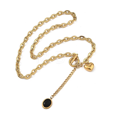 304 Stainless Steel Resin Black Oval Heart Lariat Necklaces with OT Clasps SA-B005-01G-1