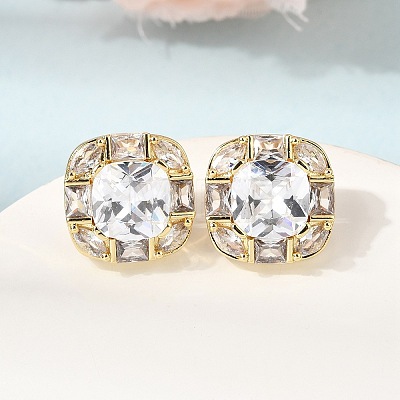 Brass Pave Cubic Zirconia & Glass Stud Earrings EJEW-G471-03G-1