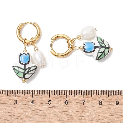 Valentine's Day Handmade Porcelain & Natural Cultured Freshwater Pearl Dangle Earrings EJEW-JE06960-1